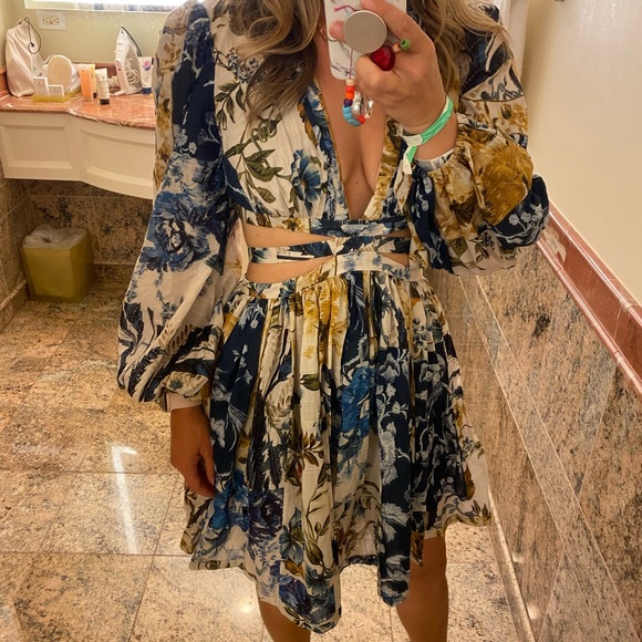 Zimmermann Plunge Neck Bishop Sleeve Mini Dress